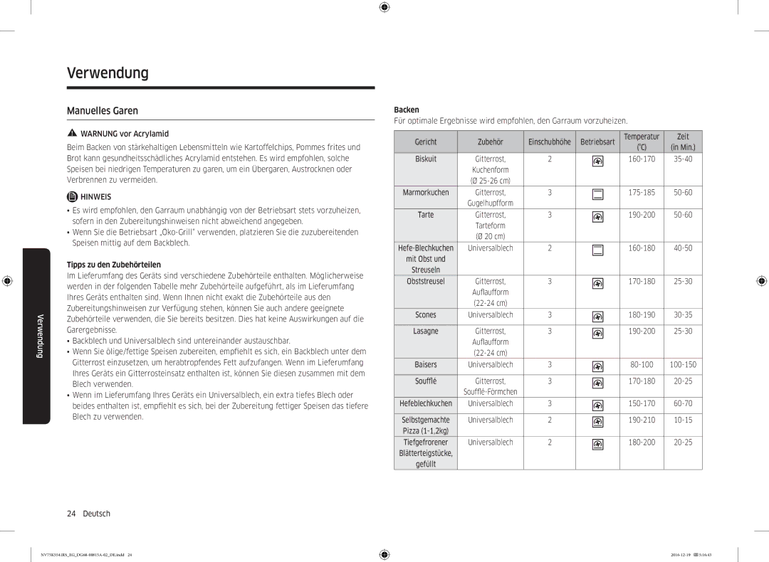 Samsung NV75K5541RS/EG, NV75K5541RM/EG manual Verwendung, Manuelles Garen, Tipps zu den Zubehörteilen, Backen, Zeit 