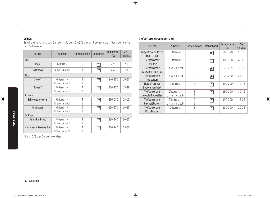 Samsung NV75K5541RS/EG, NV75K5541RM/EG manual Grillen, Tiefgefrorene Fertiggerichte 