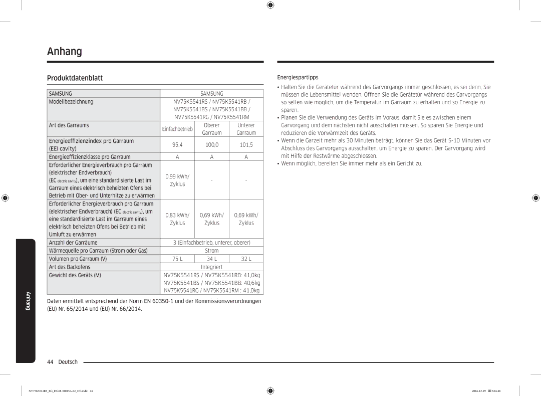 Samsung NV75K5541RS/EG, NV75K5541RM/EG manual Anhang, Produktdatenblatt 