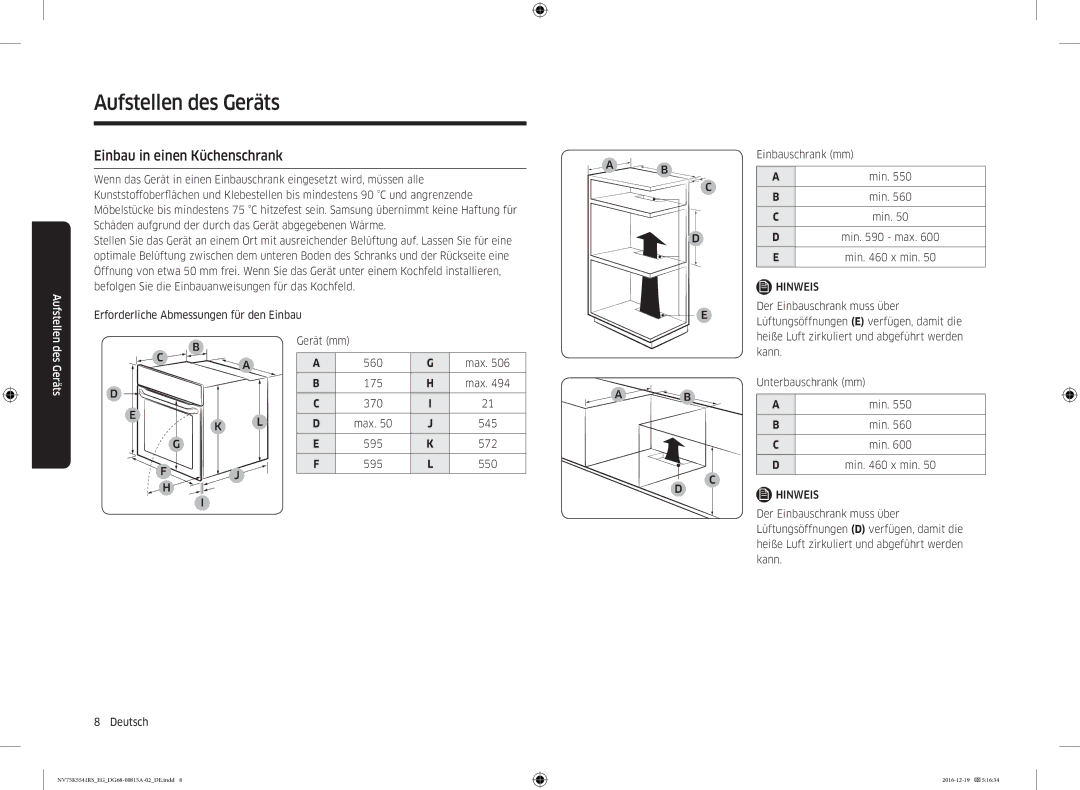 Samsung NV75K5541RS/EG, NV75K5541RM/EG manual Einbau in einen Küchenschrank, Min x min 