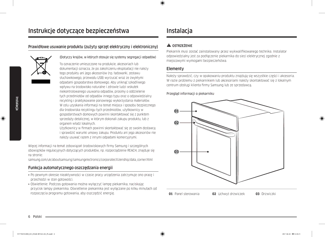 Samsung NV75K5541RS/EO manual Instalacja, Funkcja automatycznego oszczędzania energii, Elementy 