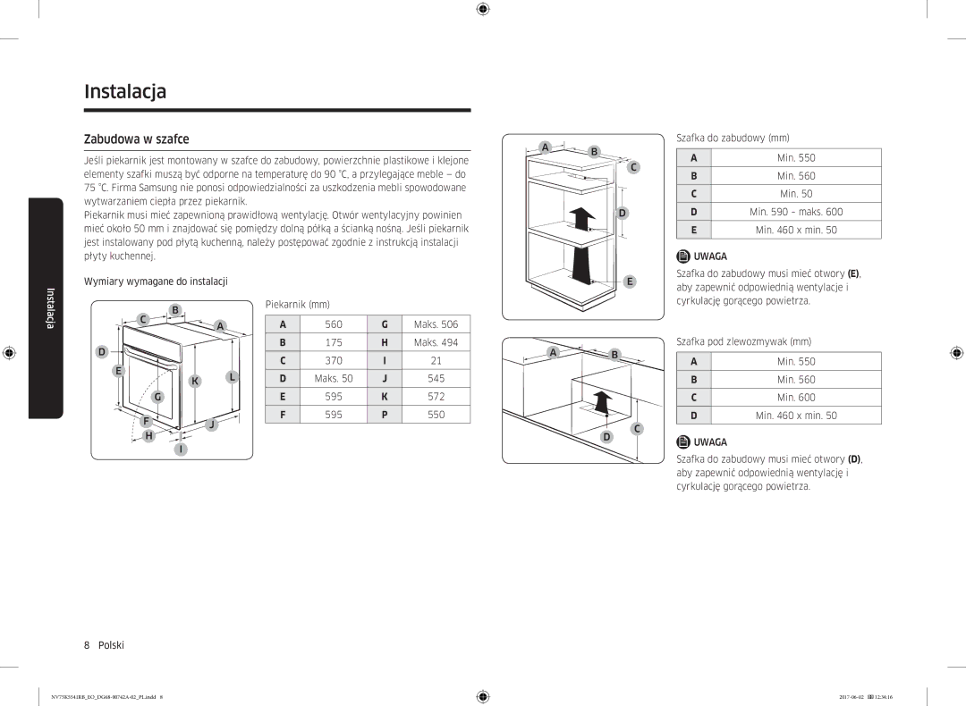 Samsung NV75K5541RS/EO manual Zabudowa w szafce, Min x min 