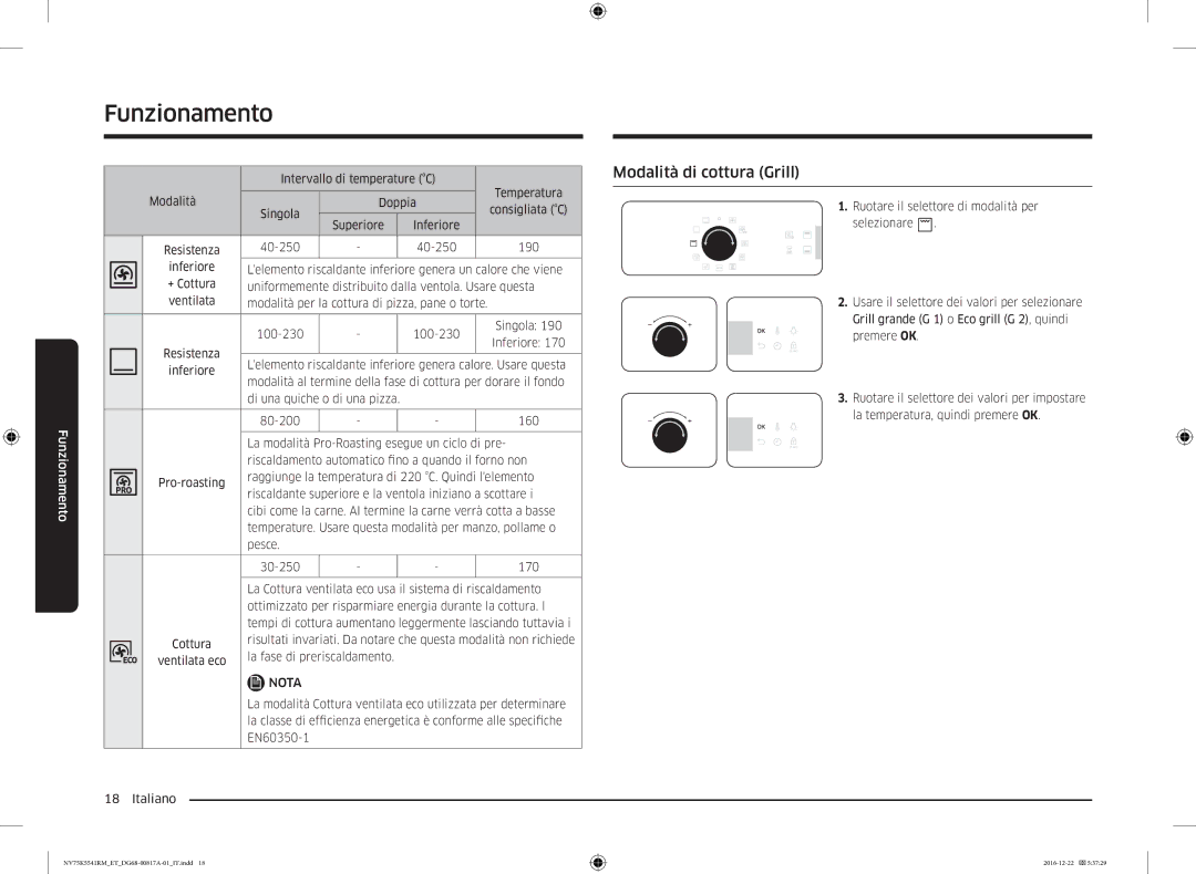 Samsung NV75K5541RS/ET, NV75K5541RM/ET, NV75K5541BS/ET manual Modalità di cottura Grill 