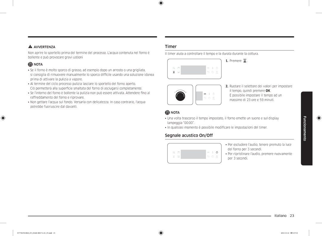 Samsung NV75K5541BS/ET, NV75K5541RS/ET, NV75K5541RM/ET manual Timer, Segnale acustico On/Off 