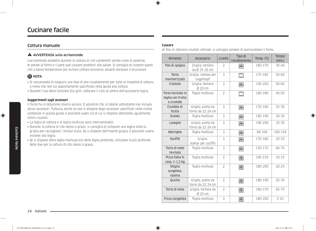 Samsung NV75K5541RS/ET, NV75K5541RM/ET Cucinare facile, Cottura manuale, Suggerimenti sugli accessori, Cuocere 