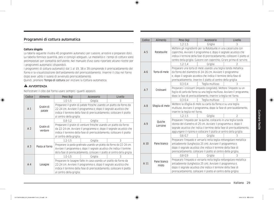 Samsung NV75K5541BS/ET, NV75K5541RS/ET, NV75K5541RM/ET manual Programmi di cottura automatica, Cottura singola 