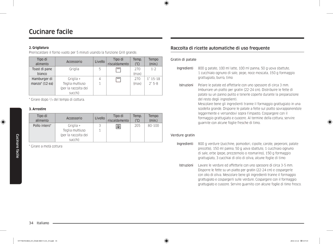 Samsung NV75K5541RM/ET, NV75K5541RS/ET, NV75K5541BS/ET manual Raccolta di ricette automatiche di uso frequente, Grigliatura 