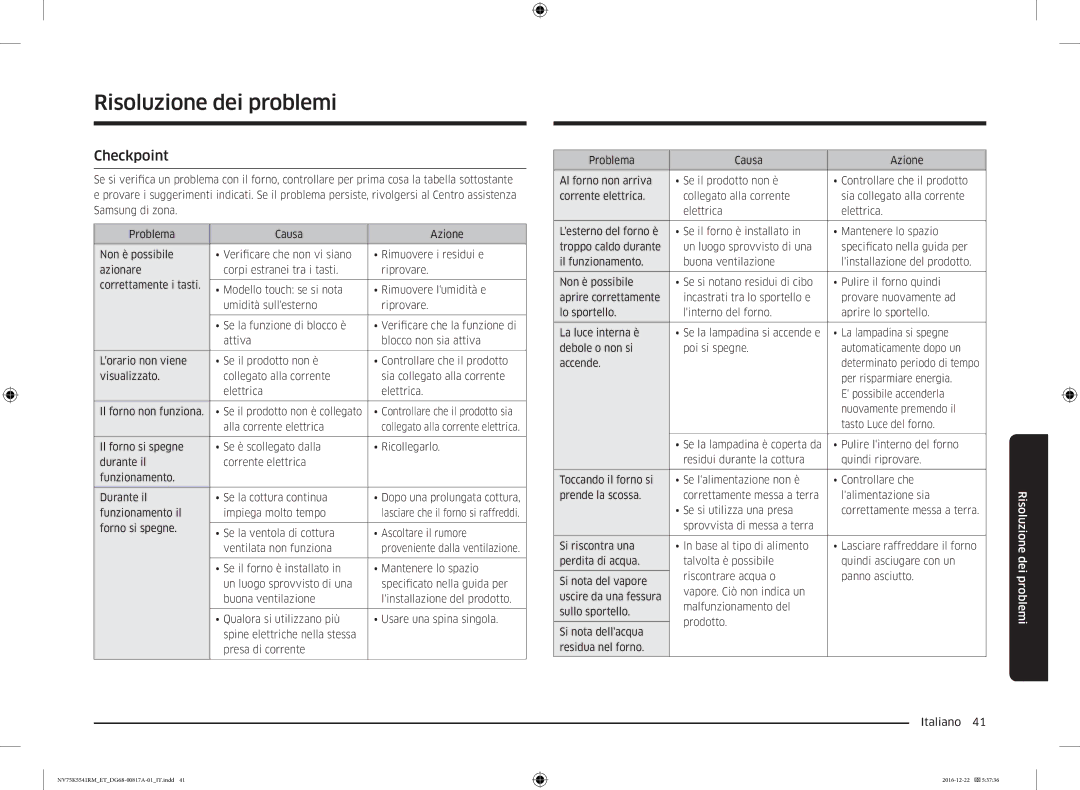 Samsung NV75K5541BS/ET, NV75K5541RS/ET, NV75K5541RM/ET manual Risoluzione dei problemi, Checkpoint 