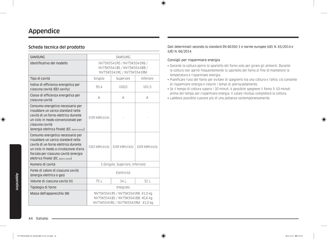 Samsung NV75K5541BS/ET, NV75K5541RS/ET, NV75K5541RM/ET manual Appendice, Scheda tecnica del prodotto 