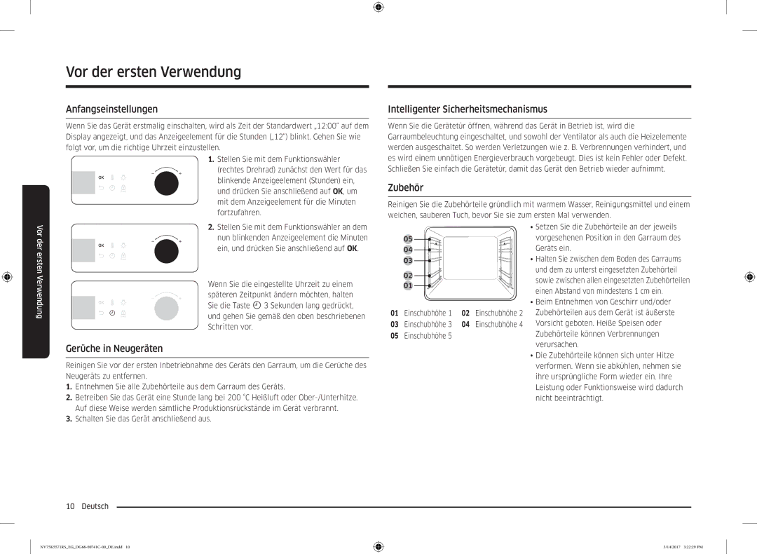 Samsung NV75K5571RS/EG, NV75K5571BS/EG Vor der ersten Verwendung, Anfangseinstellungen, Gerüche in Neugeräten, Zubehör 