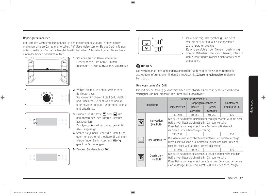 Samsung NV75K5571BS/EF manual Betriebsart Doppelgarraumbetrieb, Einfachbetrieb, Unterer Temperatur C, 30-250 40-250 