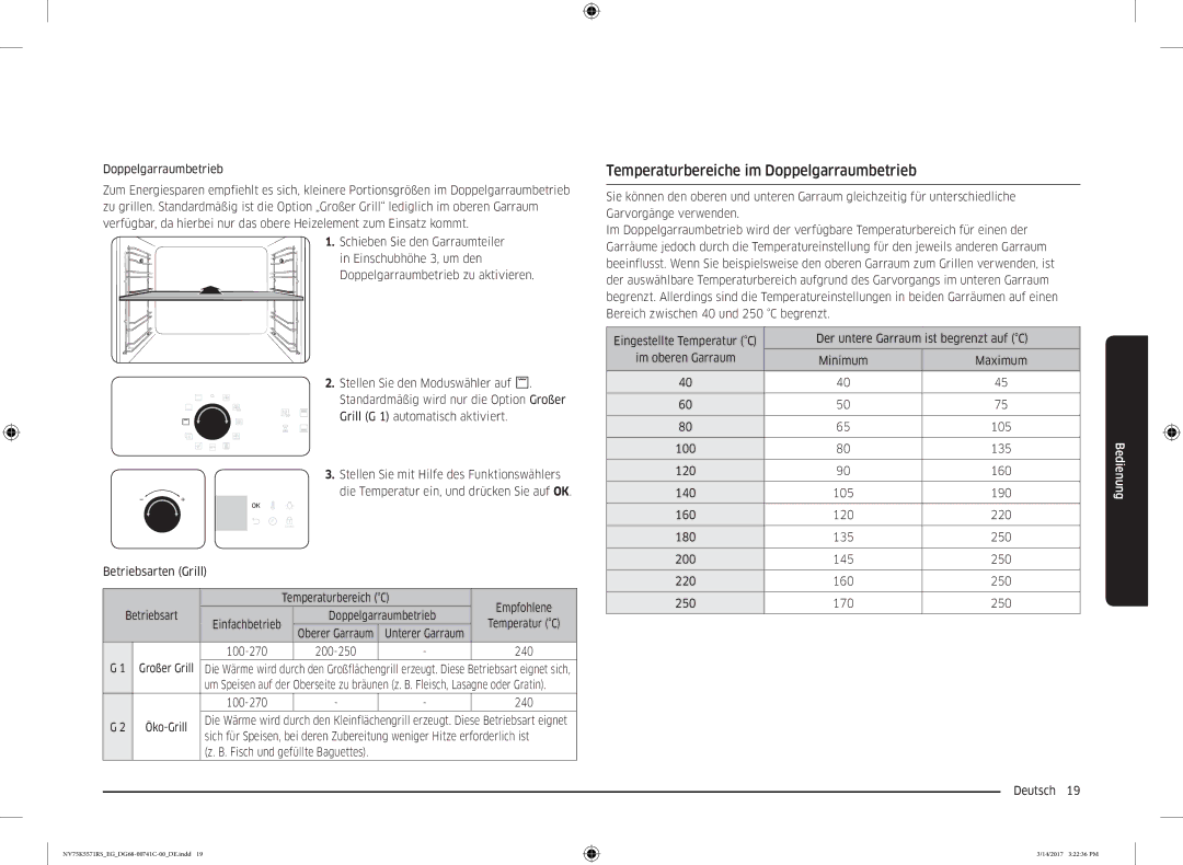 Samsung NV75K5571RS/EG, NV75K5571BS/EG, NV75K5571BS/EF manual Temperaturbereiche im Doppelgarraumbetrieb, 100-270 200-250 