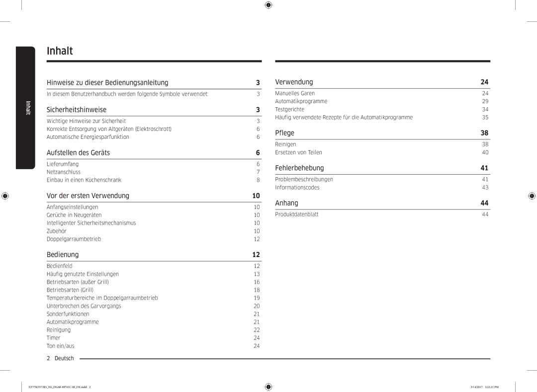 Samsung NV75K5571BS/EF, NV75K5571BS/EG, NV75K5571RS/EG manual Inhalt 