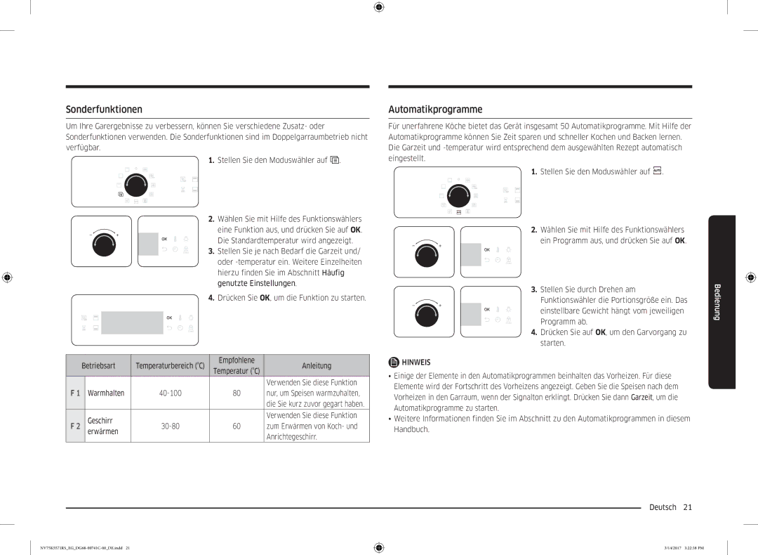 Samsung NV75K5571BS/EG, NV75K5571RS/EG, NV75K5571BS/EF manual Sonderfunktionen, Automatikprogramme 