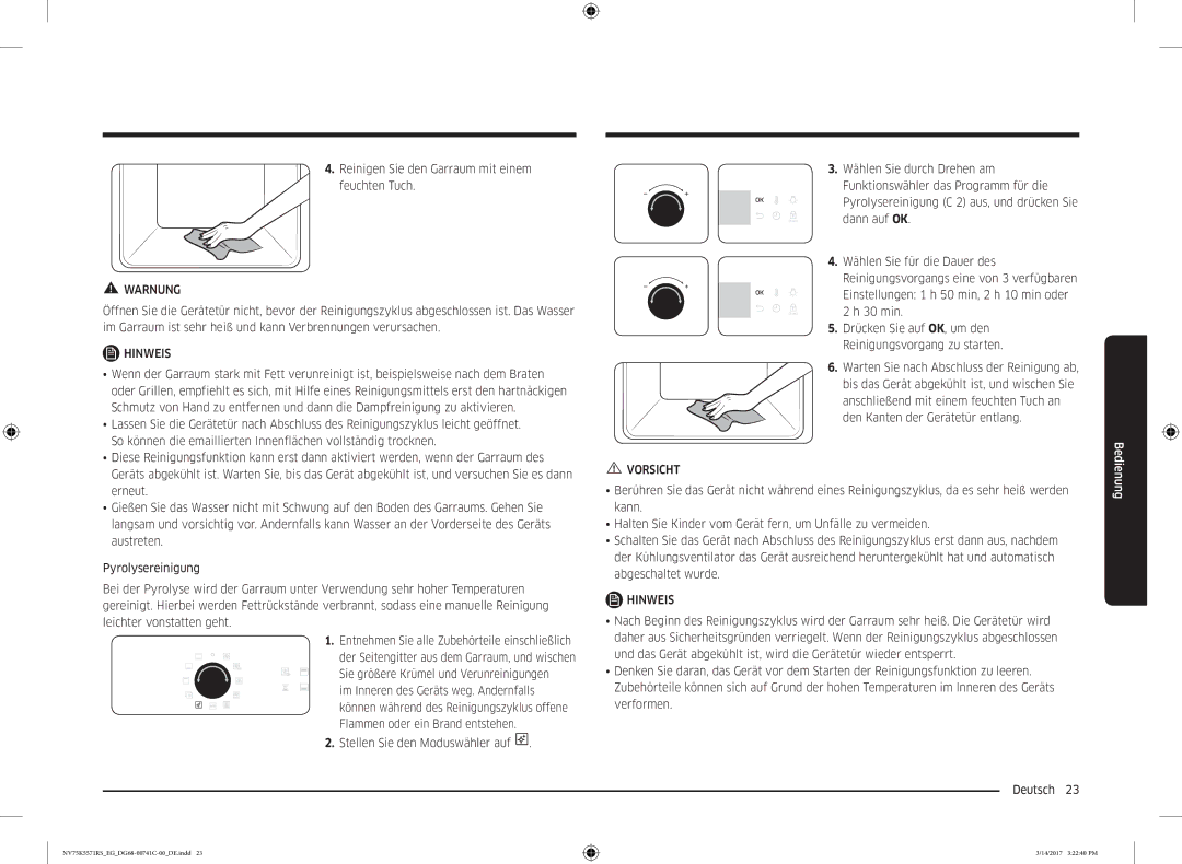 Samsung NV75K5571BS/EF, NV75K5571BS/EG, NV75K5571RS/EG manual Reinigen Sie den Garraum mit einem feuchten Tuch 