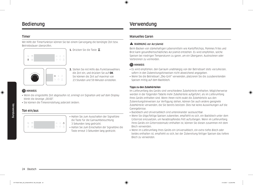 Samsung NV75K5571BS/EG, NV75K5571RS/EG manual Verwendung, Timer, Ton ein/aus, Manuelles Garen, Tipps zu den Zubehörteilen 