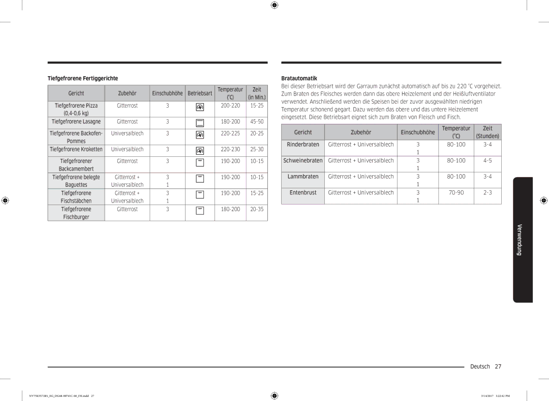 Samsung NV75K5571BS/EG, NV75K5571RS/EG, NV75K5571BS/EF manual Tiefgefrorene Fertiggerichte, Bratautomatik 