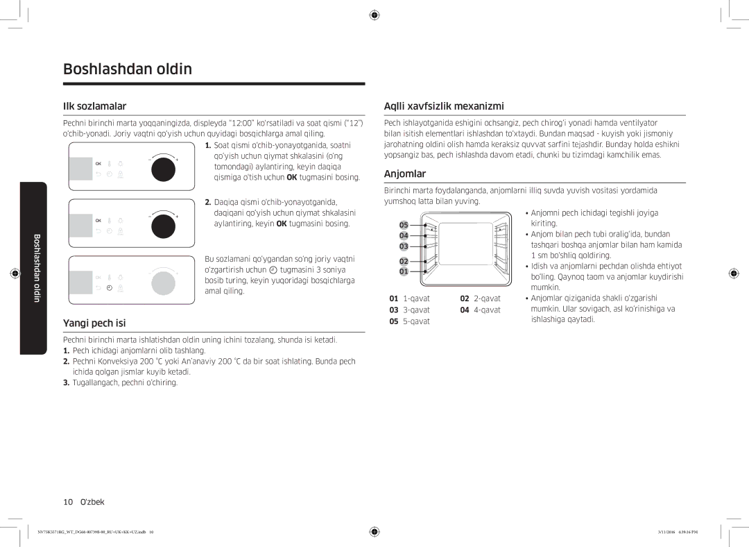 Samsung NV75K5571RG/WT manual Ilk sozlamalar, Aqlli xavfsizlik mexanizmi, Anjomlar, Yangi pech isi, Qavat 