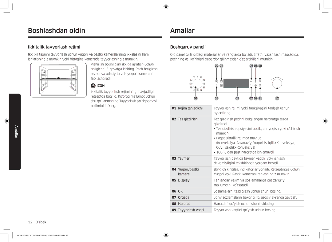 Samsung NV75K5571RG/WT manual Ikkitalik tayyorlash rejimi, Boshqaruv paneli 
