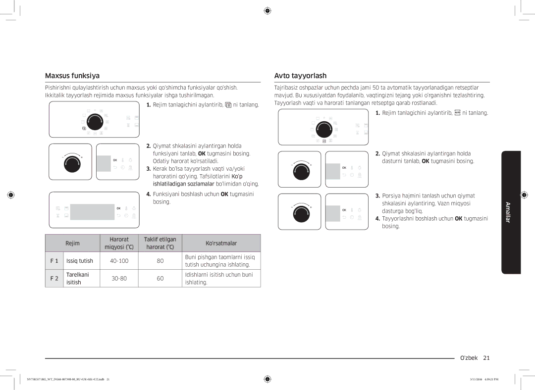 Samsung NV75K5571RG/WT manual Maxsus funksiya, Avto tayyorlash, Miqyosi C Harorat C 