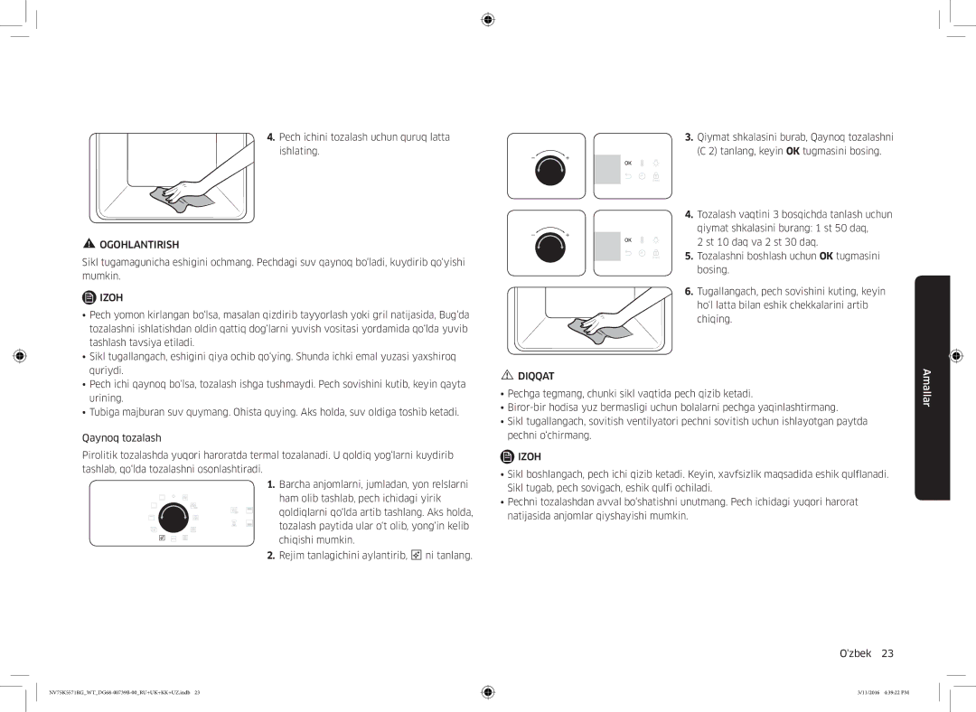 Samsung NV75K5571RG/WT manual Pech ichini tozalash uchun quruq latta ishlating 