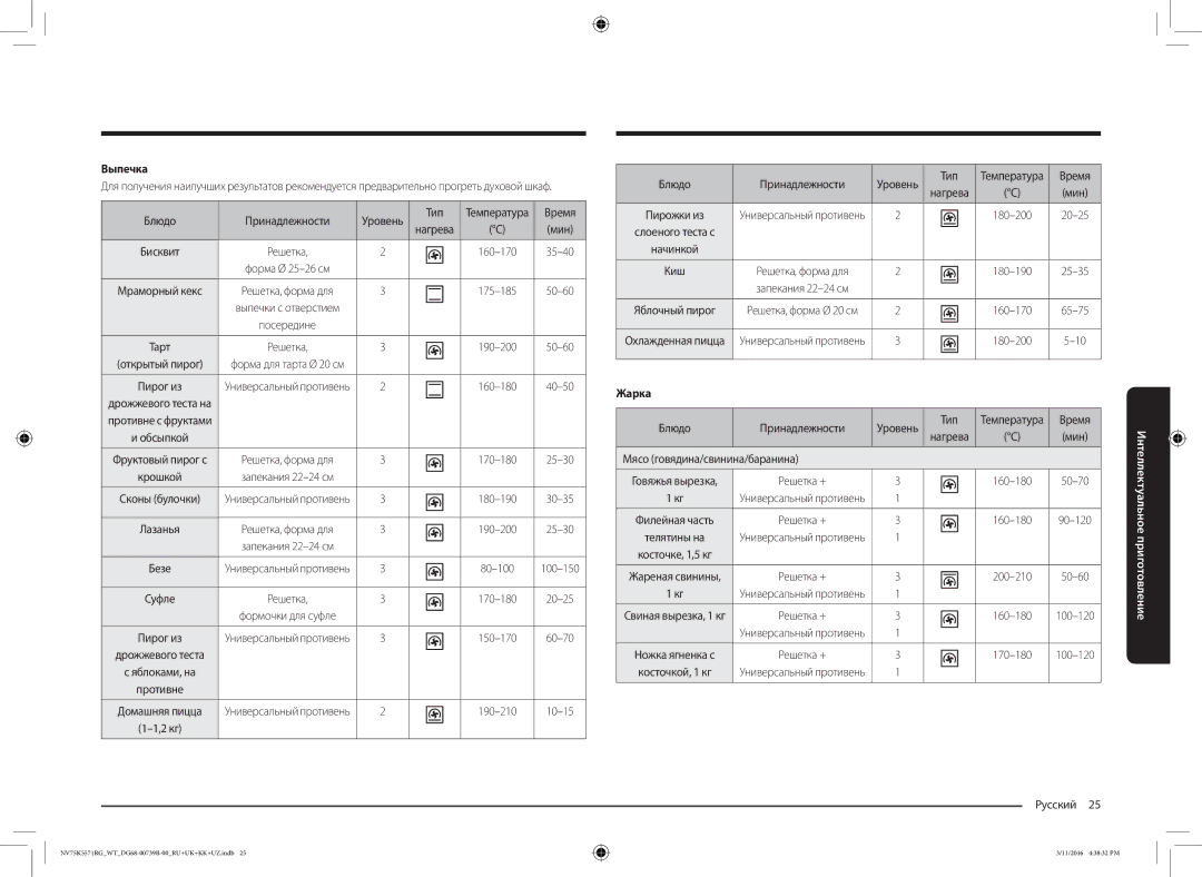 Samsung NV75K5571RG/WT manual Выпечка, Жарка 