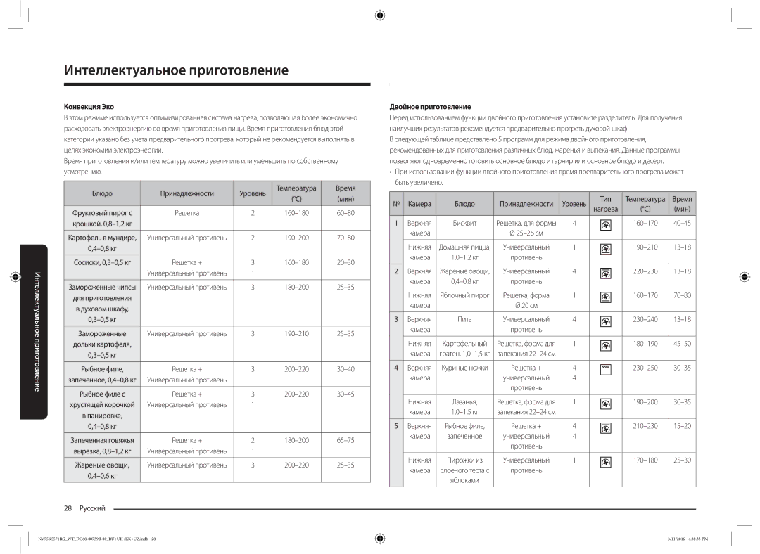 Samsung NV75K5571RG/WT manual Конвекция Эко, 28 Русский, Двойное приготовление 