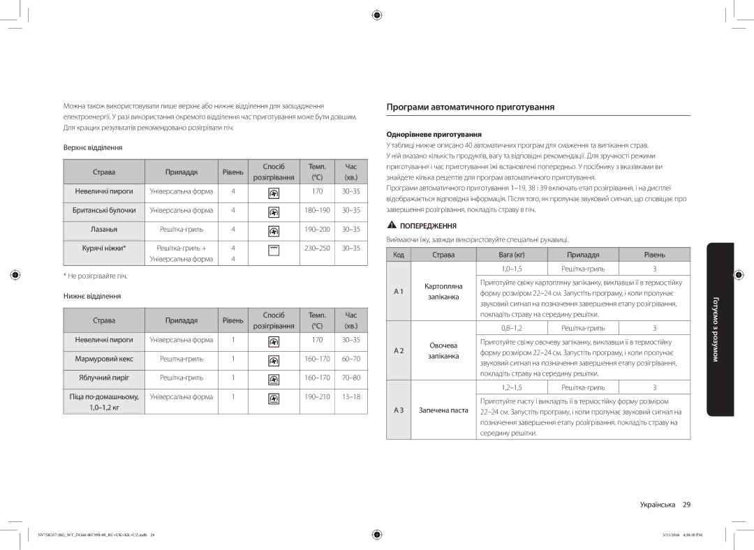 Samsung NV75K5571RG/WT manual Програми автоматичного приготування, Однорівневе приготування 