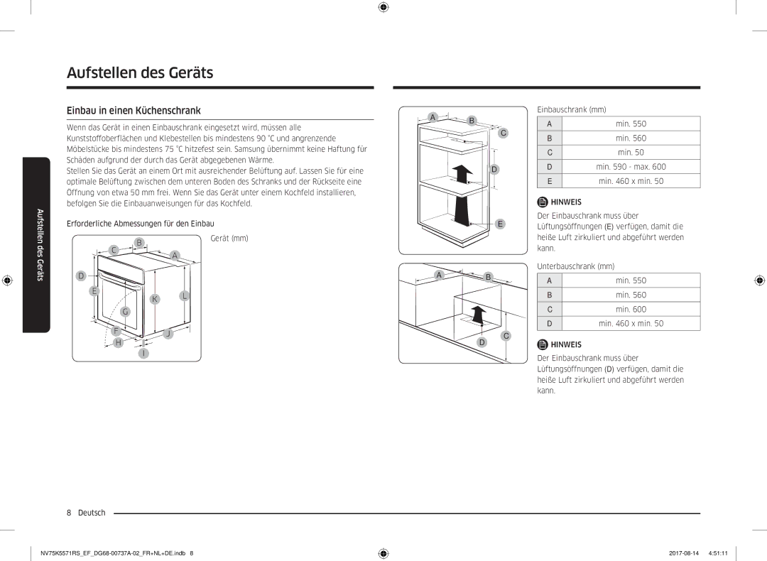 Samsung NV75K5571RM/EF manual Einbau in einen Küchenschrank, Deutsch Einbauschrank mm Min Min max Min x min 