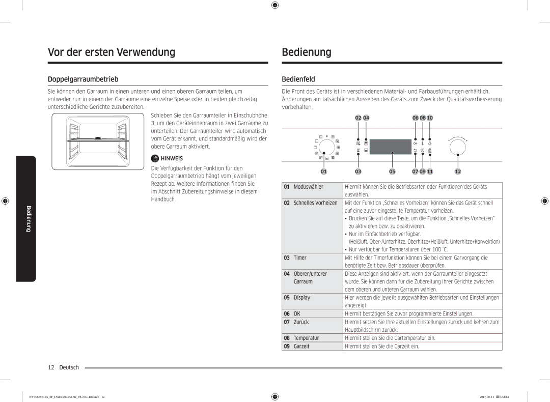 Samsung NV75K5571RM/EF manual Bedienung, Doppelgarraumbetrieb, Bedienfeld 