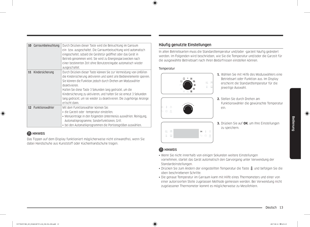 Samsung NV75K5571RM/EF manual Häufig genutzte Einstellungen 