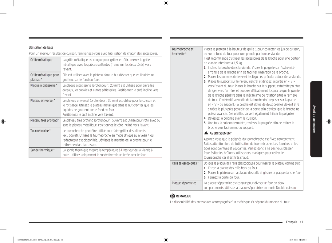Samsung NV75K5571RM/EF Utilisation de base, Lavant, Grille métallique pour, Plateau universel, Retirer pendant la cuisson 