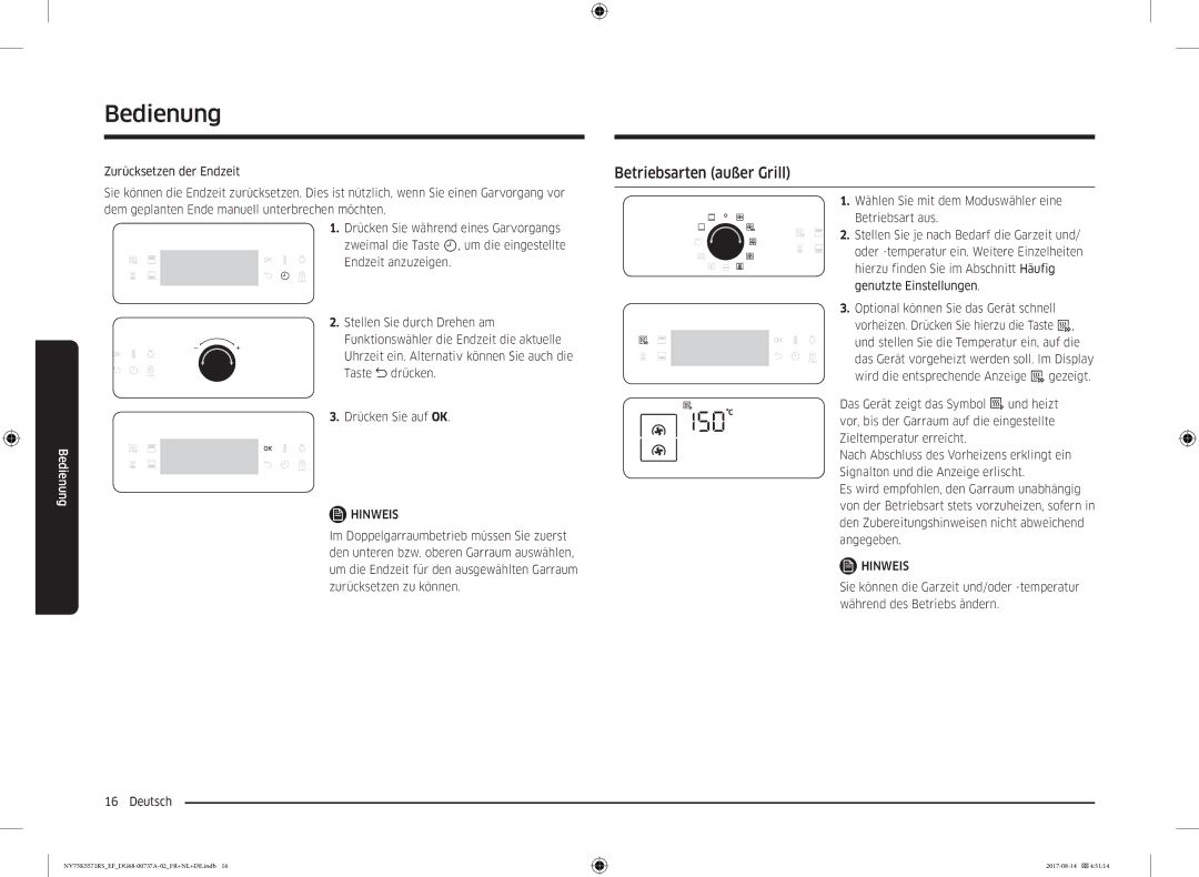 Samsung NV75K5571RM/EF manual Betriebsarten außer Grill, Zurücksetzen der Endzeit 