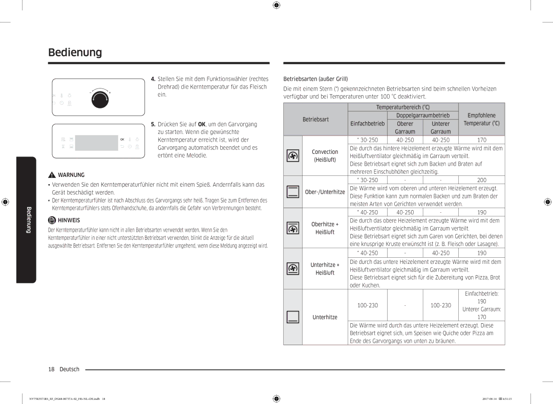 Samsung NV75K5571RM/EF Diese Betriebsart eignet sich zum Backen und Braten auf, Mehreren Einschubhöhen gleichzeitig 30-250 