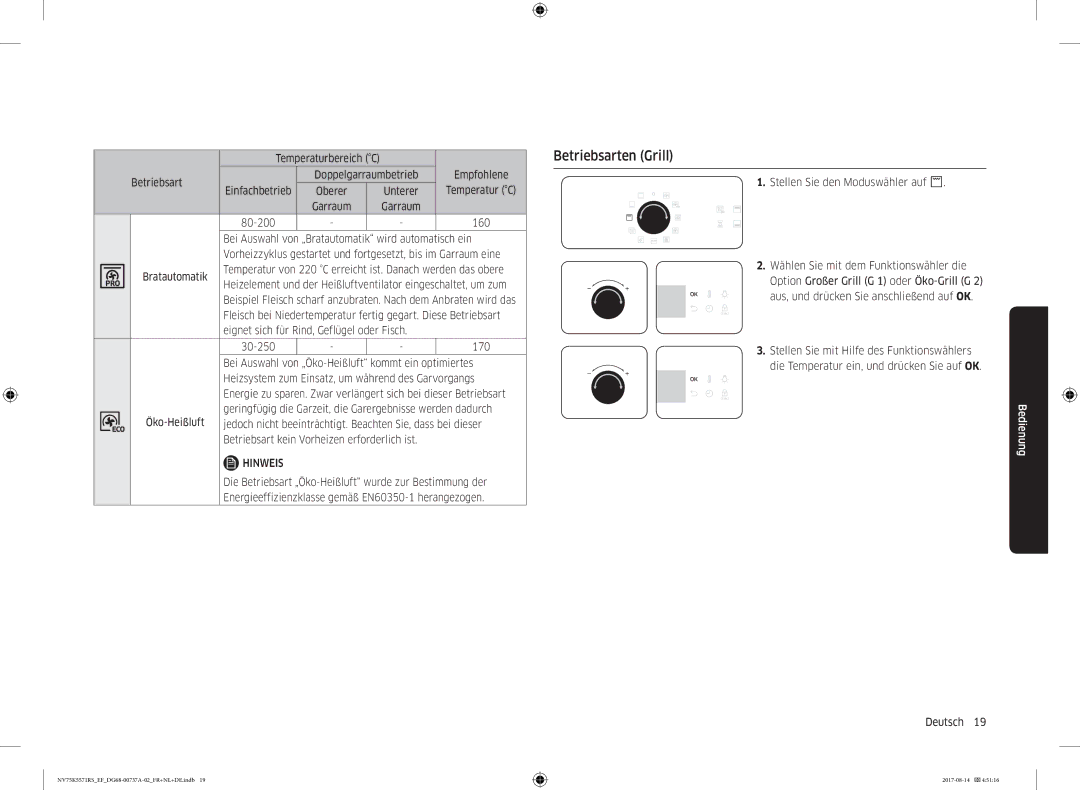 Samsung NV75K5571RM/EF manual Betriebsarten Grill 