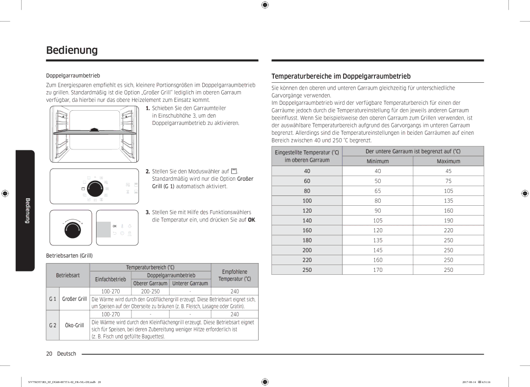 Samsung NV75K5571RM/EF manual Temperaturbereiche im Doppelgarraumbetrieb, Großer Grill 