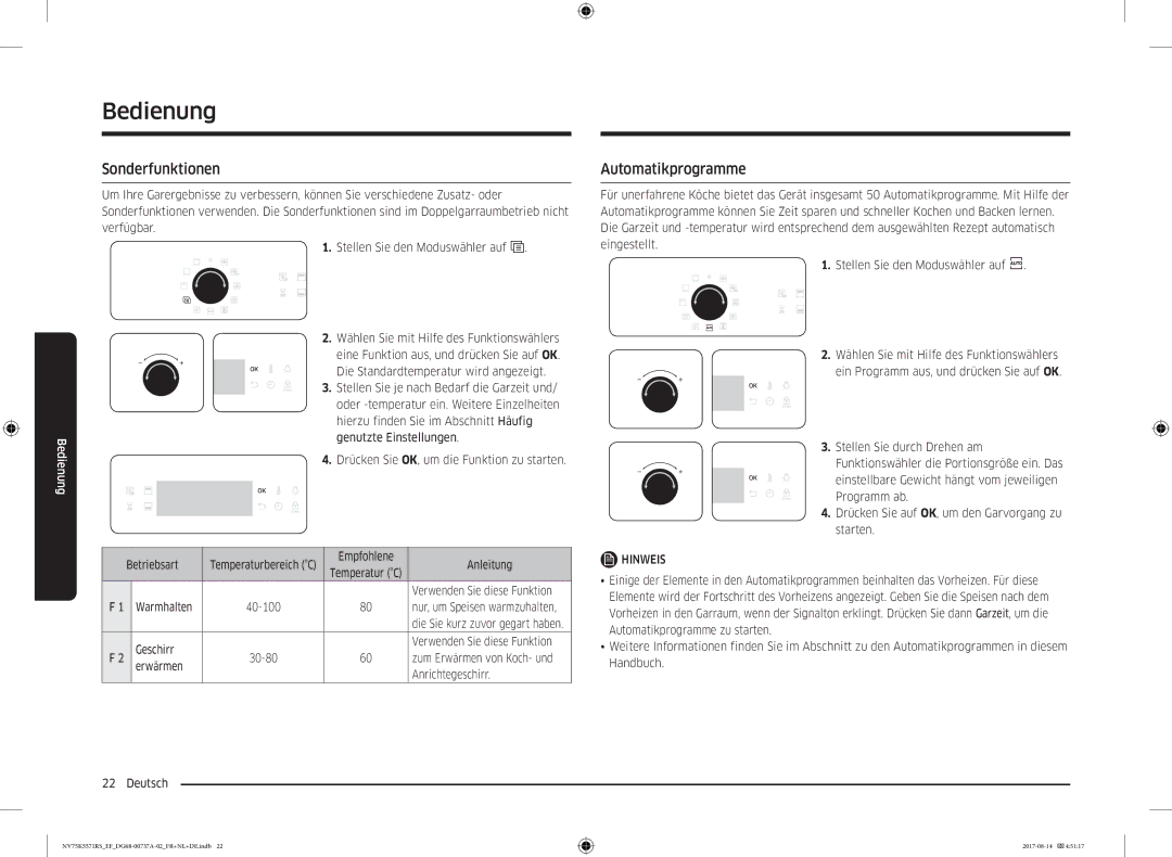 Samsung NV75K5571RM/EF manual Sonderfunktionen, Automatikprogramme 