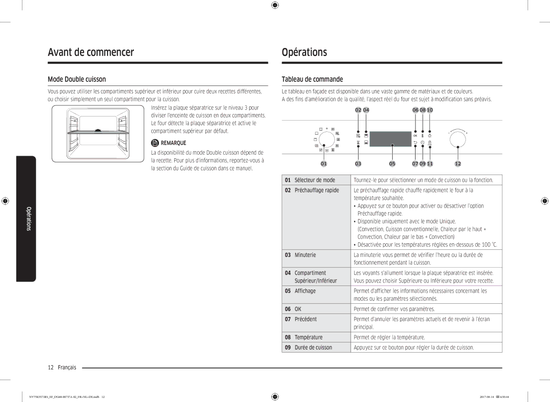 Samsung NV75K5571RM/EF manual Opérations, Mode Double cuisson, Tableau de commande 