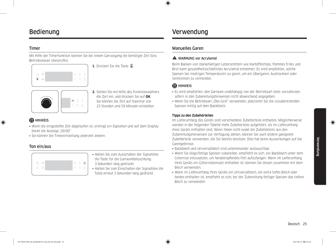 Samsung NV75K5571RM/EF manual Verwendung, Ton ein/aus, Manuelles Garen, Tipps zu den Zubehörteilen 