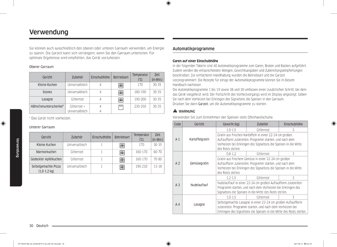 Samsung NV75K5571RM/EF manual Garen auf einer Einschubhöhe 