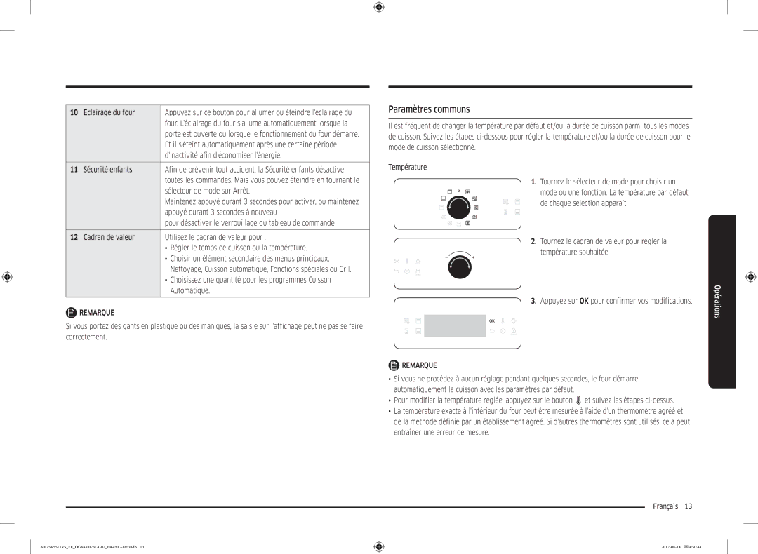 Samsung NV75K5571RM/EF manual Paramètres communs 