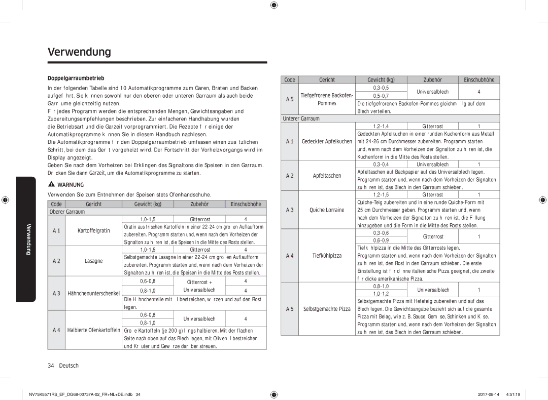 Samsung NV75K5571RM/EF 1,0 Universalblech, Legen 0,8, Deutsch Code Gericht Gewicht kg Zubehör Einschubhöhe 0,5, 0,7 Pommes 