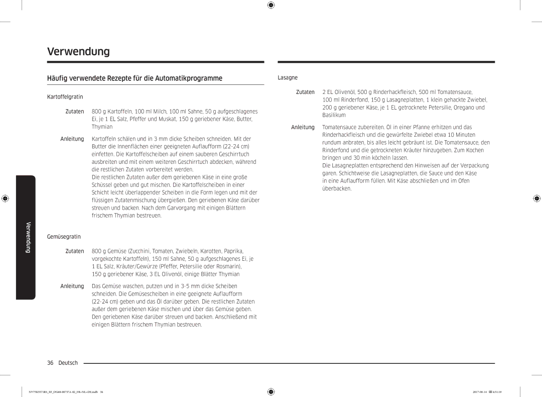 Samsung NV75K5571RM/EF manual Häufig verwendete Rezepte für die Automatikprogramme 