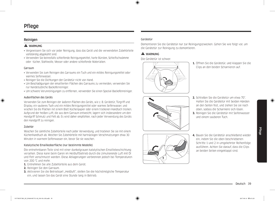 Samsung NV75K5571RM/EF manual Pflege, An beiden Seiten eingeklappt sind Deutsch  