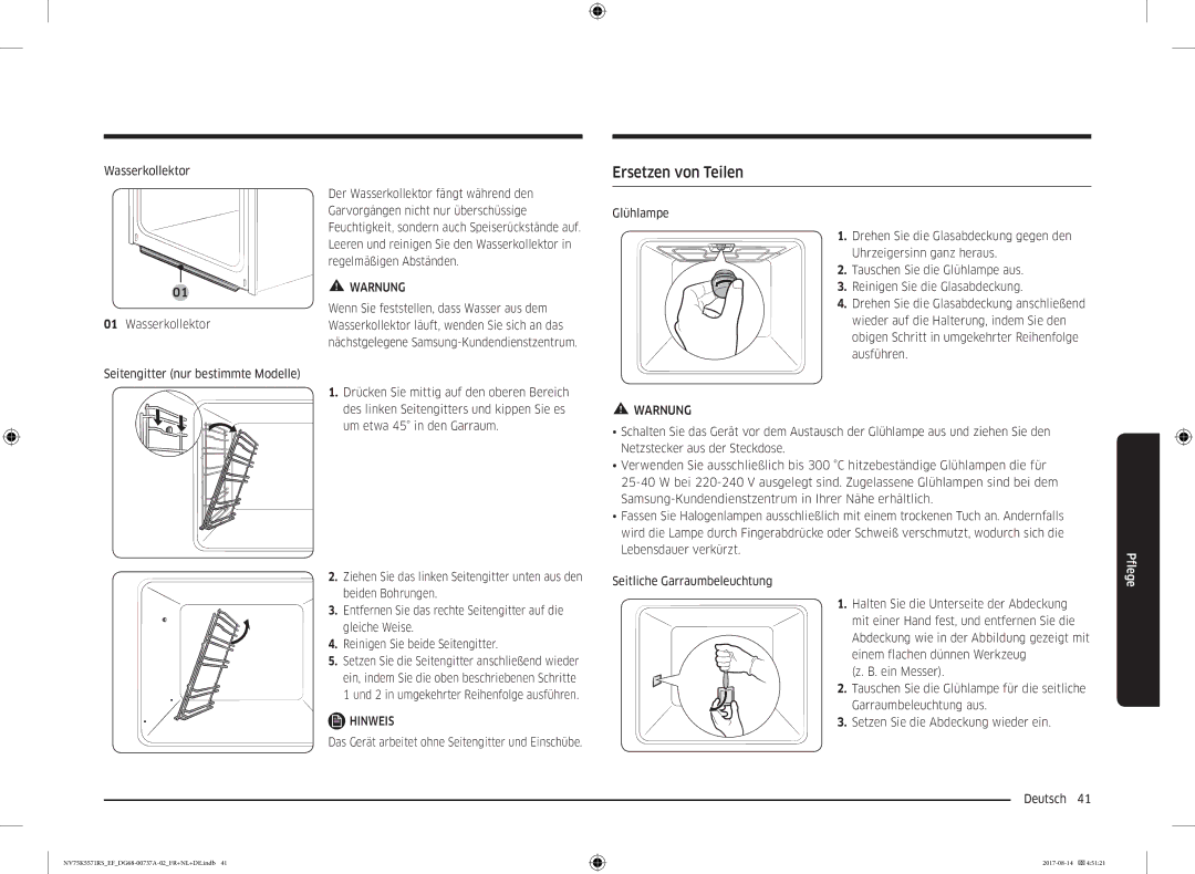 Samsung NV75K5571RM/EF manual Ersetzen von Teilen, Das Gerät arbeitet ohne Seitengitter und Einschübe 