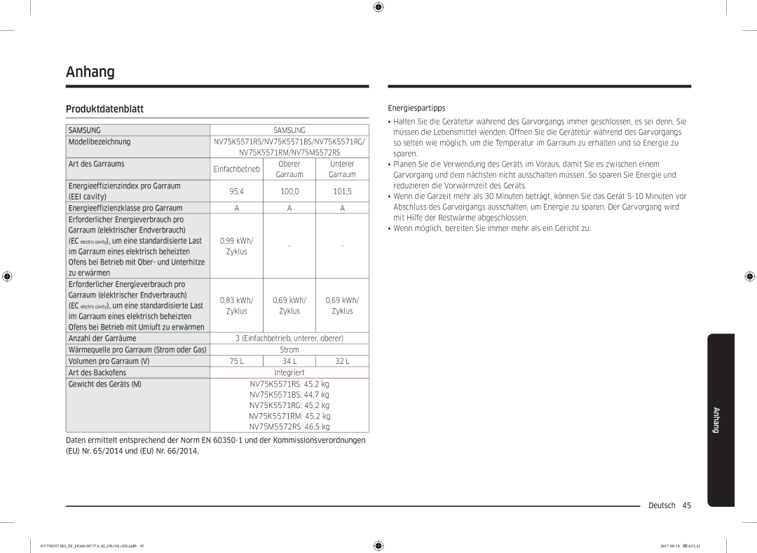 Samsung NV75K5571RM/EF manual Anhang, Produktdatenblatt 