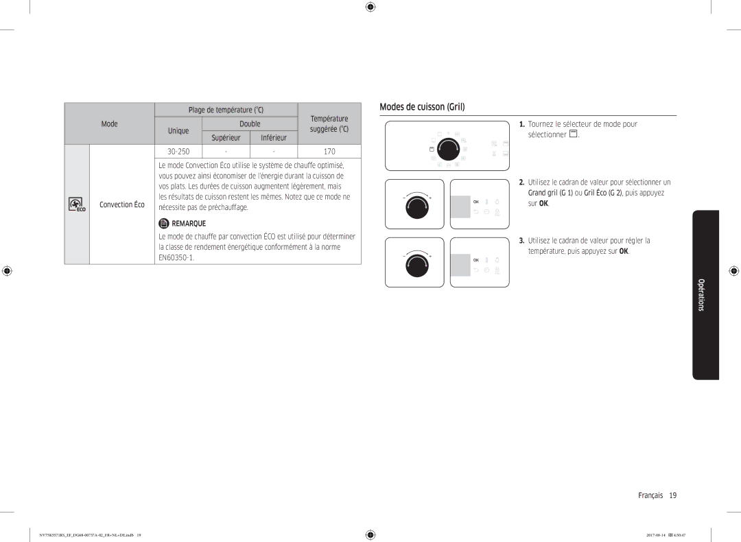 Samsung NV75K5571RM/EF manual Modes de cuisson Gril, Convection Éco 