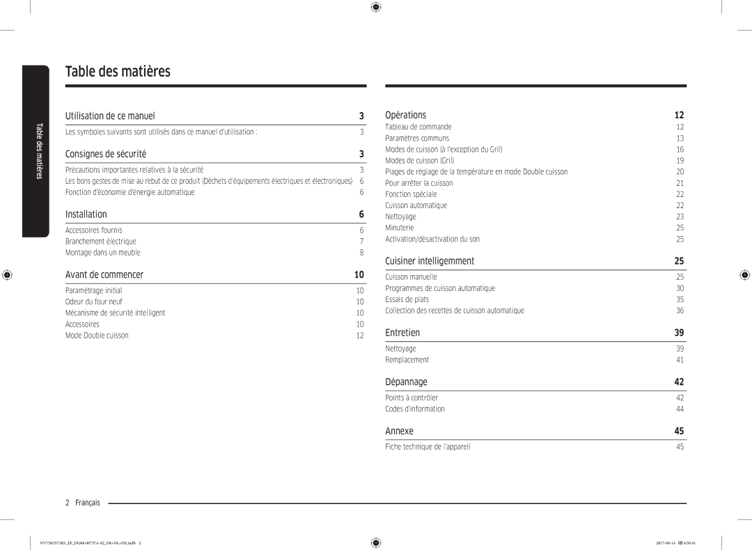 Samsung NV75K5571RM/EF manual Table des matières 