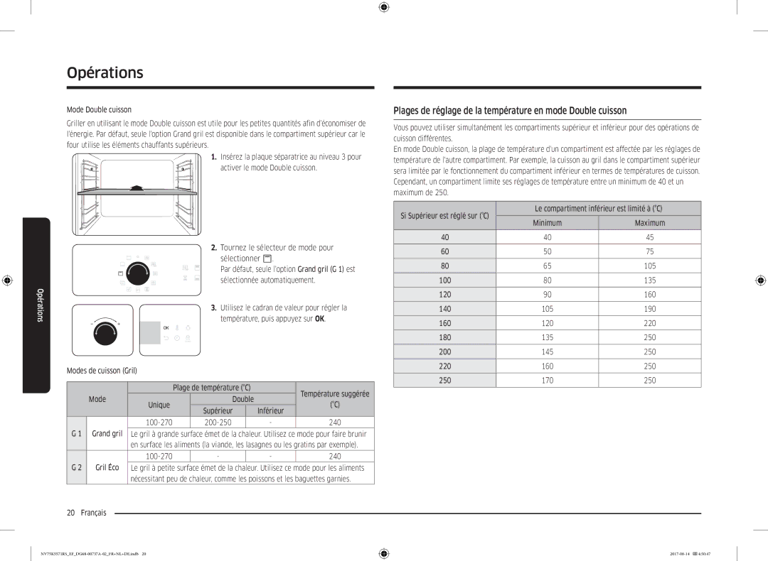 Samsung NV75K5571RM/EF manual Plages de réglage de la température en mode Double cuisson 