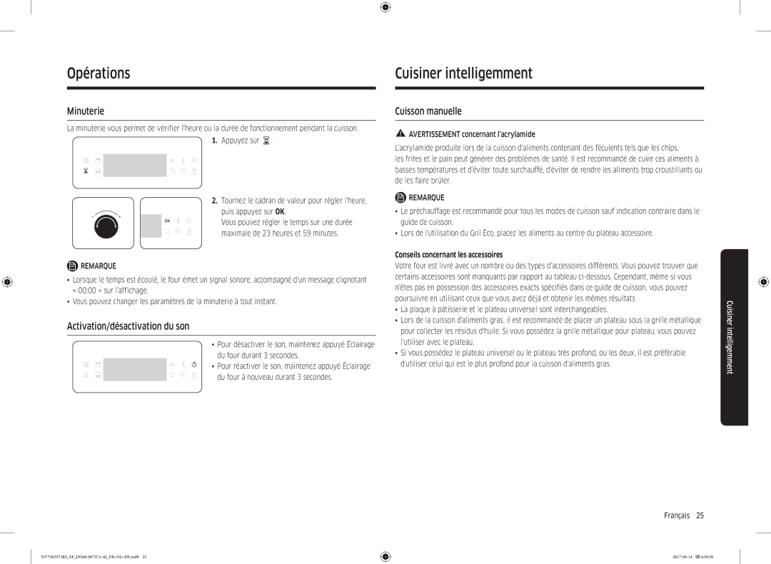 Samsung NV75K5571RM/EF manual Cuisiner intelligemment, Minuterie, Activation/désactivation du son, Cuisson manuelle 